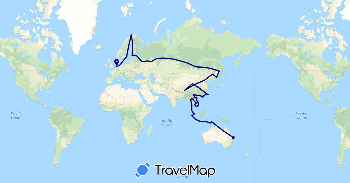 TravelMap itinerary: driving in Australia, China, Germany, Denmark, Finland, Indonesia, Cambodia, Laos, Malaysia, Netherlands, Norway, Russia, Sweden, Singapore, Thailand, East Timor, Taiwan, Vietnam (Asia, Europe, Oceania)